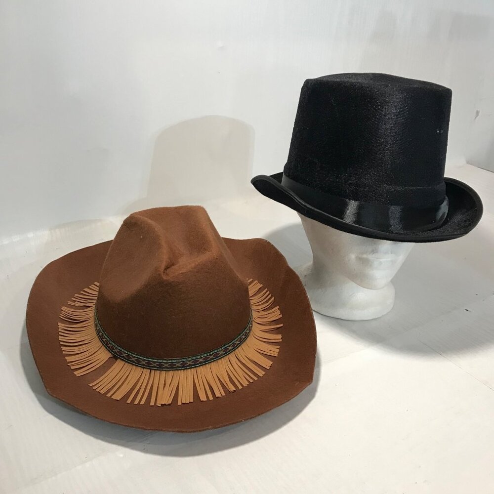 Halloween Hats Brown Western Cowboy Fringe Black Velvet Top Hat Set